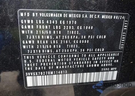 2024 Volkswagen Taos 1.5T Se z USA, uszkodzony, nr VIN 3VVSX7B27RM114813